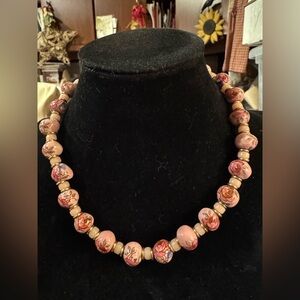 Vintage Hand Painted Pink Roses on Pink Ceramic Beads Barrel Clasp 18 Inches